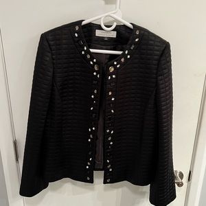 Tahari women’s black quilted evening jacket with rhinestone detail trim.